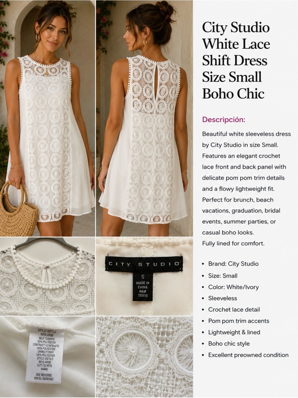 City Studio White Lace Shift Dress Size Small Boho Chic